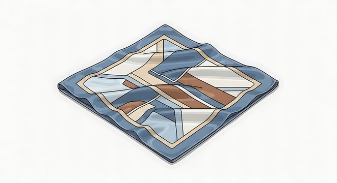 Diamond shaped silk scarf with abstract blue and brown geometric pattern