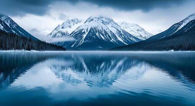 Serene winter lake mirrors snow-capped mountains and dark evergreen forest under moody sky