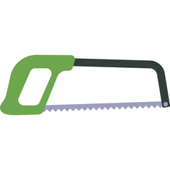 A Green Hand Saw with a Grey Metal Frame and Jagged Blade on a Transparent Background