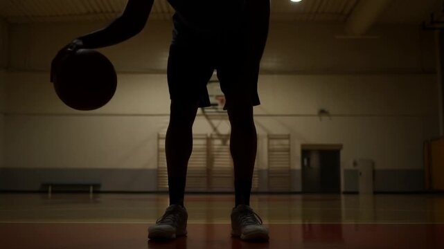 Basketball player silhouette in a gymnasium dribbling the ball. The scene captures the energy and focus of a basketball practice Stock Video