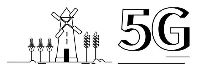 Windmill and crops beside bold 5G text blend technology and agriculture. Ideal for agriculture, technology, connectivity, innovation, farming, eco-solutions, and smart communication in a simple flat