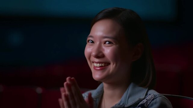 An Asian young woman applauding with joyful facial expression in the auditorium Stock Video