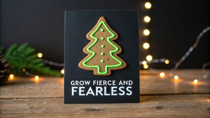 Gingerbread tree shaped cookie on black card with text