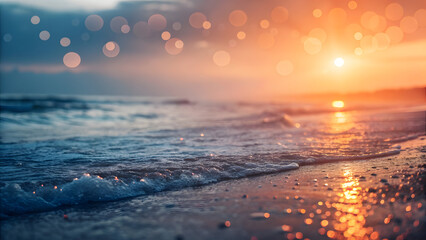 Sunset Beach with Ocean Waves and Bokeh Lights image