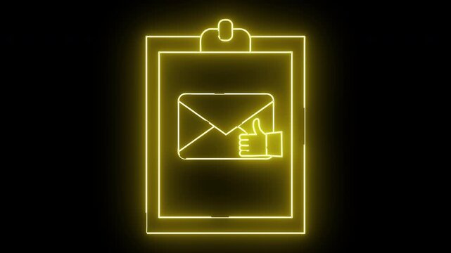 A yellow neon outline shows a clipboard with a thumbsup over an envelope set against a black background