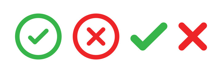 check mark icon button set. check box icon with right and wrong buttons and yes or no checkmark icons in green tick box and red cross.