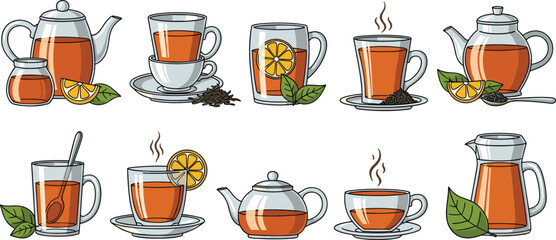 Cartoon tea collection, teapots and cups, lemon garnish, mint leaves, cinnamon stick, honey jar, warm beverage icons, flat vector art, isolated set © SHAHARIAR