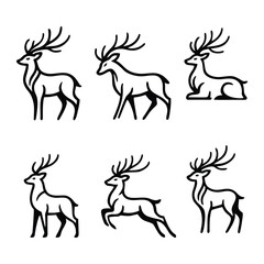 Six Black Line Art Stag Deer Icons Vector Set