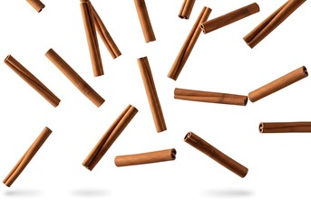 Cinnamon Sticks Floating in Air on White Background Aromatic Spice Concept for Food and Beverage Design  
