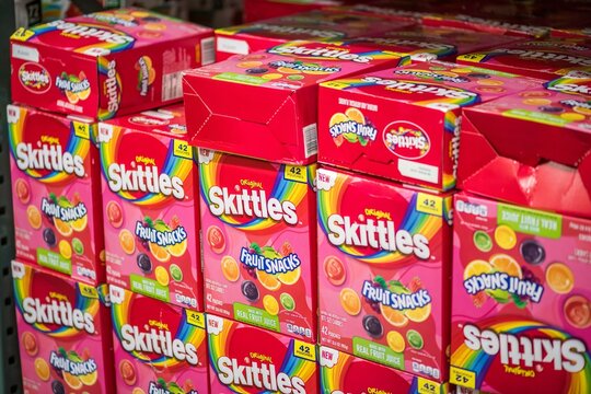 Colorful fruit snacks lined up on shelves at a supermarket in Orlando, Florida