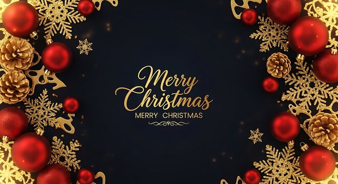 Elegant merry christmas greeting with golden snowflakes and red baubles on dark background