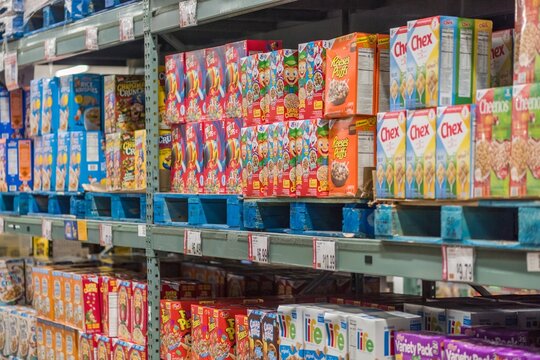 Colorful cereal aisle in a supermarket in Orlando Florida with various options for shoppers