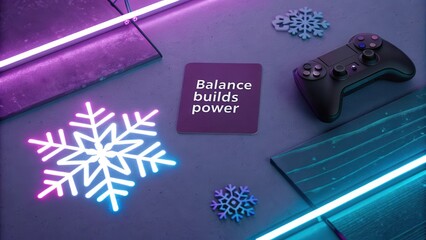 Neon snowflakes and purple accents in a futuristic flatlay scene