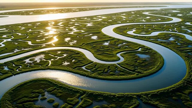 Aerial View of Winding River Through Marshland at Sunset.