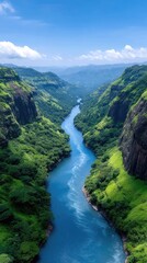 Vast Lush Green Valley With A Winding Blue River Under A Bright Sunny Sky With Fluffy Clouds