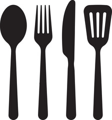 Clean Minimal Utensils Silhouette Spoon Fork Knife Spatula Kitchen Icon Set