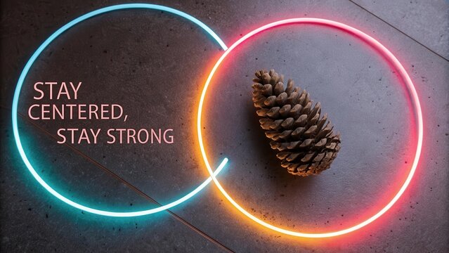 Pine cone with neon circles creating a futuristic artwork