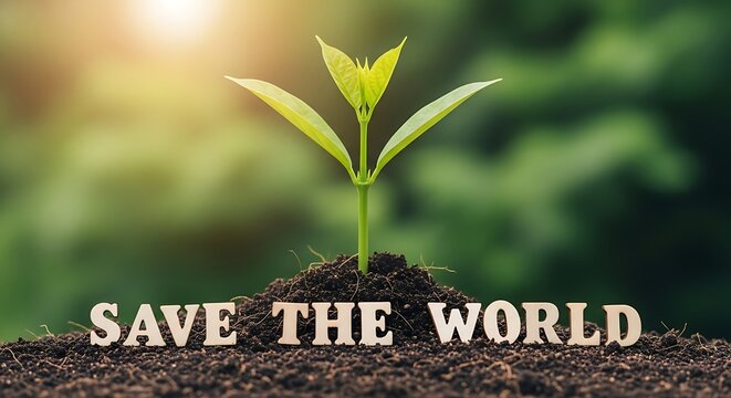 Young green plant sprouts from soil with save the world text inspiring environmental care