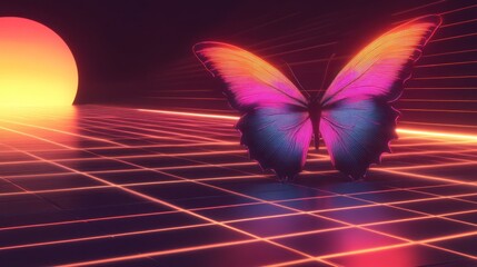 Retro Butterfly on Gridded Floor; Digital Art; Sunrise Scene; Stock Photo
