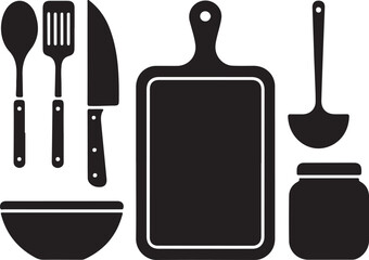 Cooking Prep Station Silhouette Chopping Board Knife Spoon Bowl Jar Ladle Kitchen Icon Set