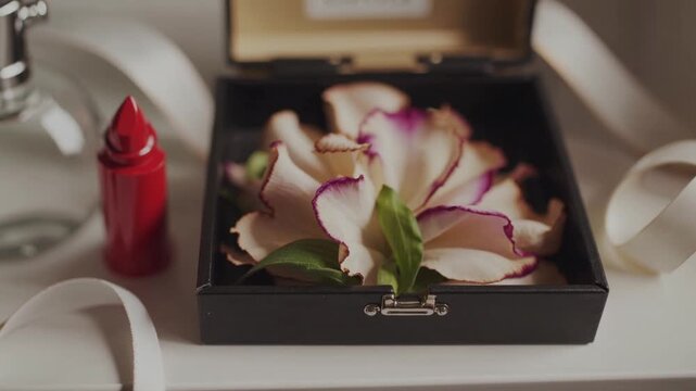 Beautiful blooming flower arrangement in elegant black box with red accent, showcasing detailed petals and vibrant colors