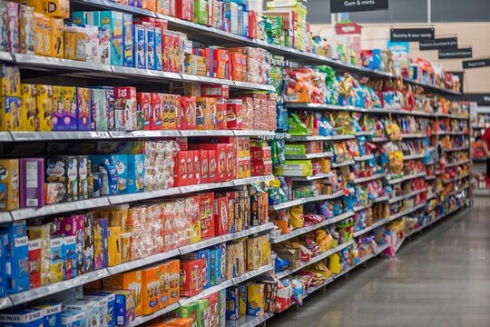 Grocery aisle filled with snacks and food items in a supermarket in Orlando, Florida