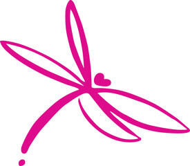 Vibrant pink dragonfly silhouette on a stark white background