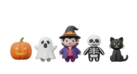 Fototapeta premium Cute 3D Halloween characters including pumpkin, ghost, vampire, skeleton, and black cat on white background.