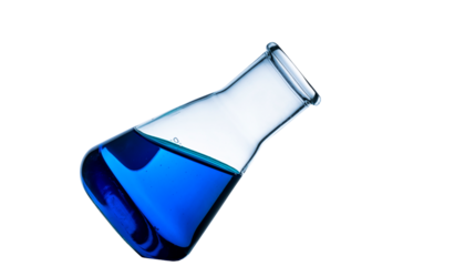 Laboratory glass flask filled with vibrant blue solution isolated on white background