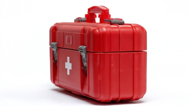 Bright red compact medical kit with a white cross  rugged latches,square body,and sturdy top handle