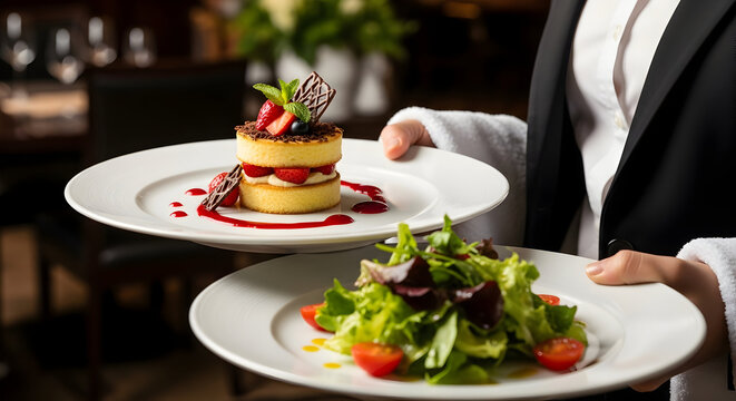 Elegant hotel service: Waiter serving gourmet strawberry dessert and fresh salad in a fine dining restaurant