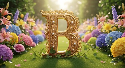 Golden letter b rises mystically among vibrant flowers and soft sunlight