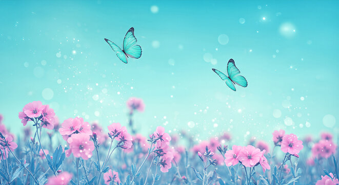 A serene and whimsical scene with butterflies fluttering above a field of pink flowers under a clear sky.