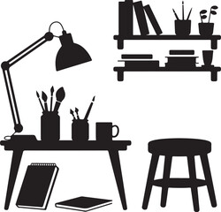 Creative Corner Silhouette Sketchbook Brush Jar Lamp Mug Stool Shelf Icon Set