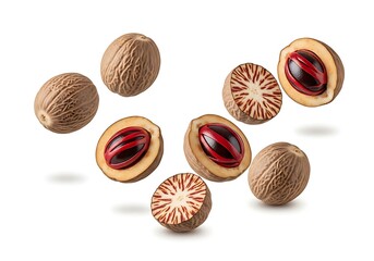 Nutmeg Fruits and Red Mace Floating on White Background Aromatic Tropical Spice Composition  
