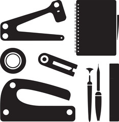 Creative Maker Desk Silhouette Tools Cutter Tape Notebook Ruler Icon Set