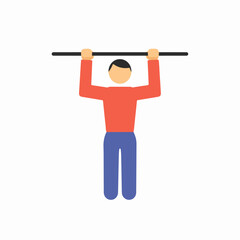 Flat design icon of a person hanging from a pull-up bar, symbolizing fitness, strength training, and exercise.