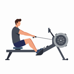 Man working out on a rowing machine doing cardiovascular exercise.