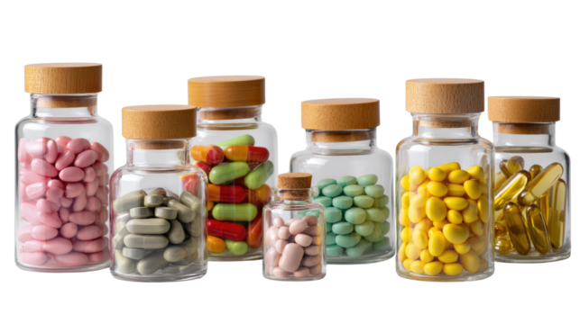 Colorful Capsules in Glass Bottles: A close-up shot of a spectrum of colorful capsules within transparent glass bottles, each capped with a natural wood cork, presenting a pharmacy or health theme. 