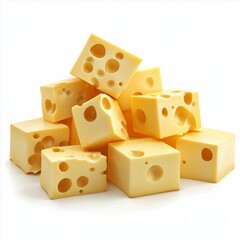 Cheese pile yellow cube with holes delicious dairy product, isolated white