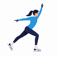 Graceful figure skater illustration in a blue costume performing a smooth gliding movement, isolated vector art.
