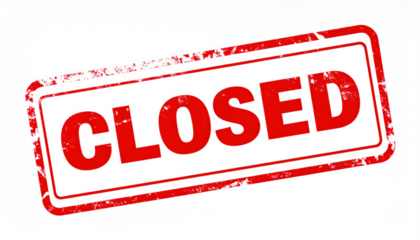 Closed Sign: A striking red CLOSED stamp boldly communicates the message. The image focuses on a weathered, rectangular rubber stamp, implying finality and a temporary cessation of operations.