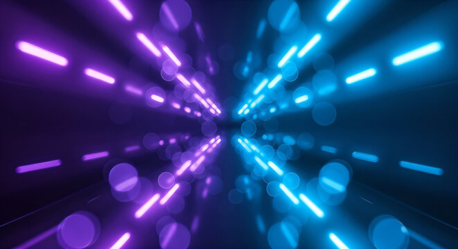 Abstract illustration of neon lights in purple and blue, creating a futuristic tunnel effect.