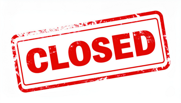 Closed Sign: A striking red CLOSED stamp boldly communicates the message. The image focuses on a weathered, rectangular rubber stamp, implying finality and a temporary cessation of operations. - Powered by Adobe