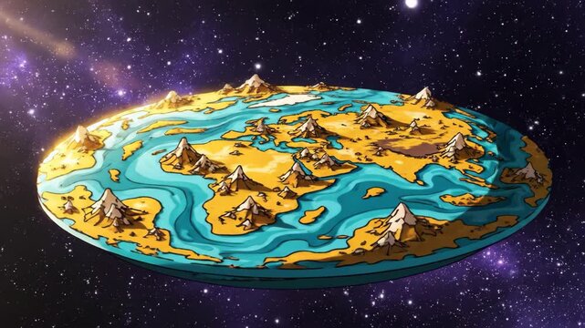 Stylized Flat Earth Map or Alien Planet with Mountains and Rivers in Deep Space