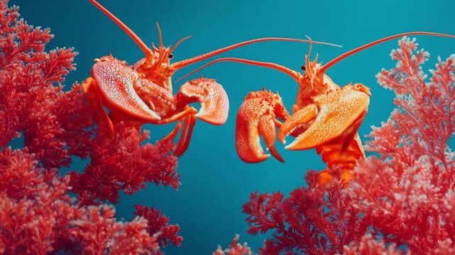 Two vivid lobsters with open claws face each other among red coral, against bright turquoise water.