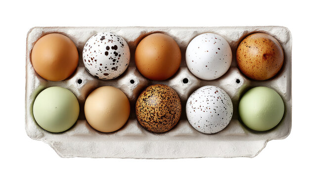 Assortment of Fresh Eggs: A delightful arrangement of fresh eggs of varied hues, displayed in a carton, hinting at the diversity of nature's bounty and culinary potential.