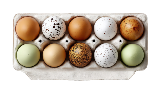 Assortment of Fresh Eggs: A delightful arrangement of fresh eggs of varied hues, displayed in a carton, hinting at the diversity of nature's bounty and culinary potential.