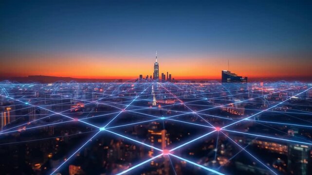 Cityscape with Network Lines at Sunset: A mesmerizing view of a sprawling cityscape, interwoven with a luminous network of digital lines, all under the vibrant hues of a setting sun.