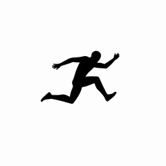 Dynamic black silhouette of an athletic person in mid-air jump or run, isolated on a white background.